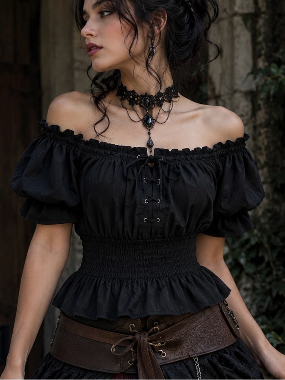 Scarlet Darkness Renaissance Peasant Blouse Black Short Sleeve Size S Gothic